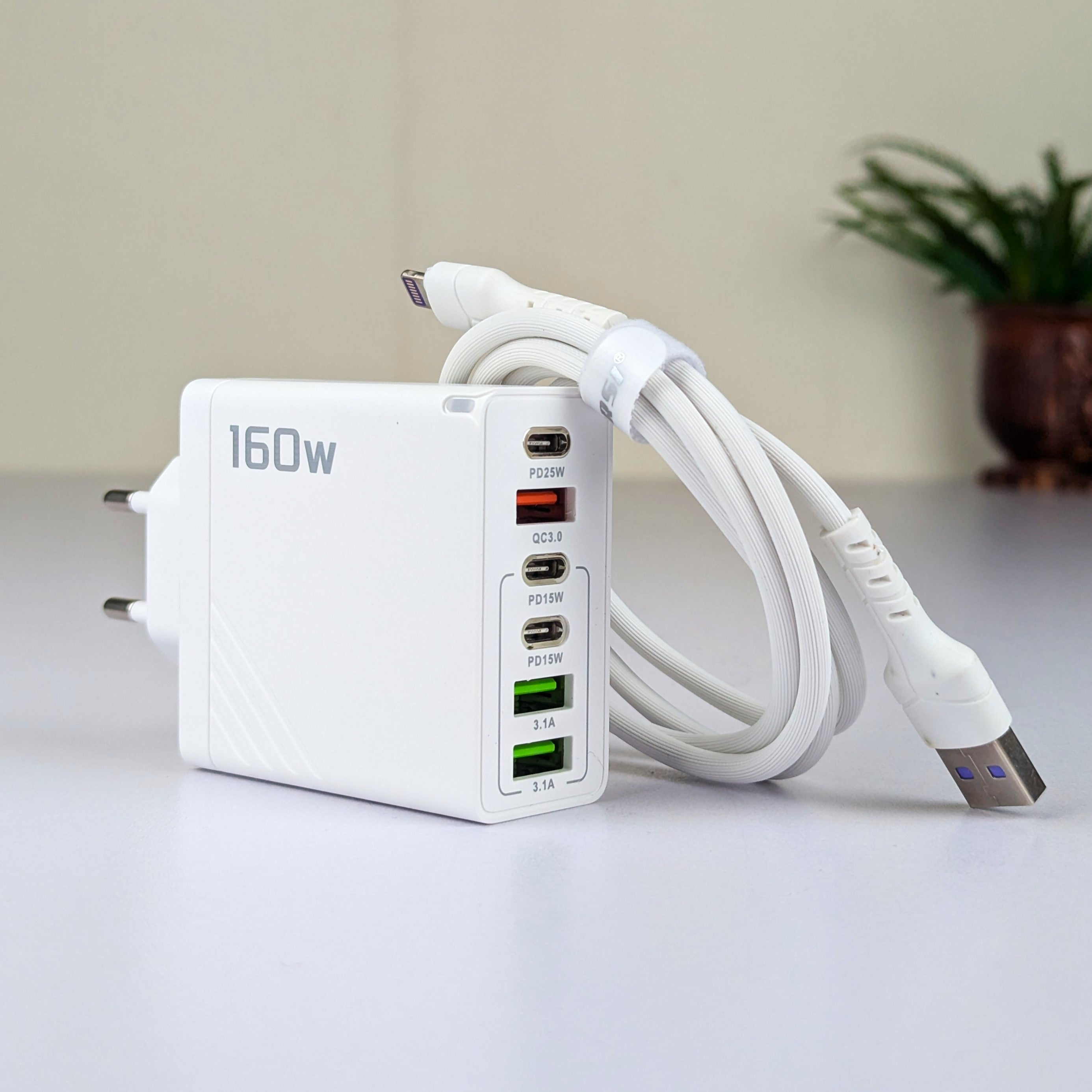 160W Super Fast Multi-Adapter: Ultimate GaN Charger with 6 Ports & Lightning Cable 2