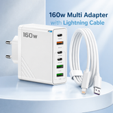 160W Super Fast Multi-Adapter: Ultimate GaN Charger with 6 Ports & Lightning Cable