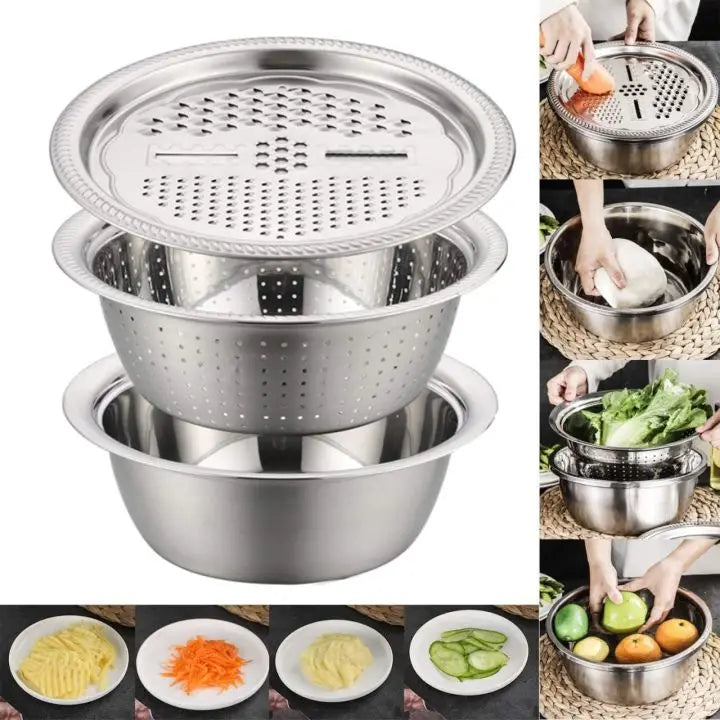 3-in-1 Multifunctional Stainless Steel Basin With Grater, Vegetable Cutter with Drain Basket