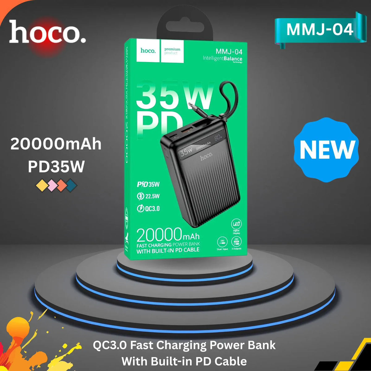 Hoco MMJ-04 20000mAh 35W PD Fast Charging Power Bank with Built-in Type-C Cable, LED Digital Display, QC3.0 & 22.5W Super Fast Charger for iPhone, Samsung, iPad & Type-C Devices